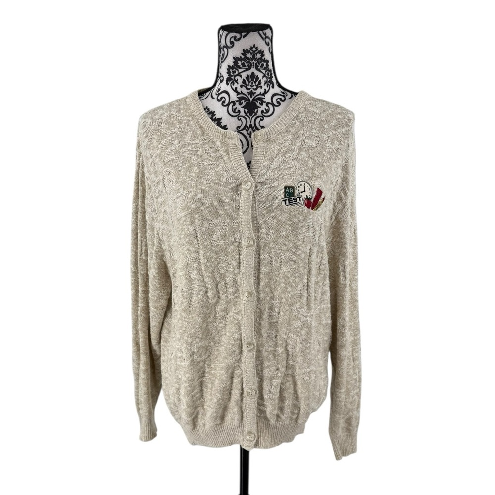 Vintage Teacher Cardigan Beige Knit ABC Test Apple Pencil Embroidered Sweater